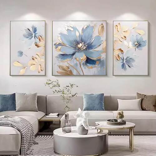 现轻奢代客厅装饰画三联抽象花卉手绘油画简三联09金气箔约大沙发