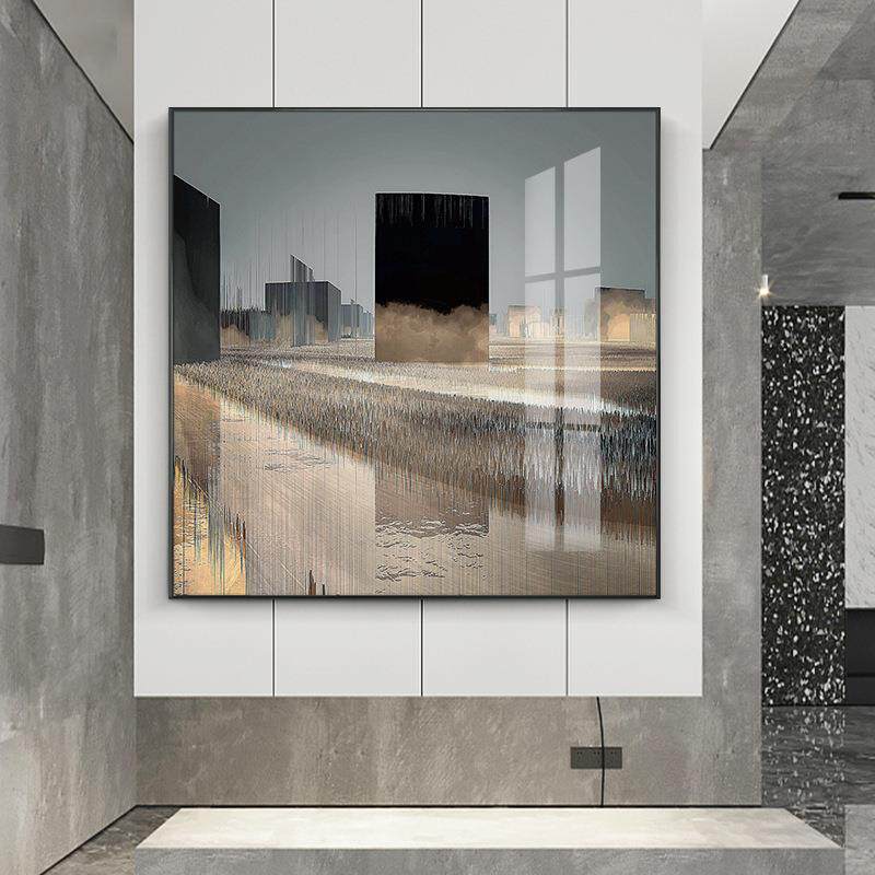 代抽象城市现建筑玄关装饰画轻间奢发背景沙挂画样板餐WAO厅卧室