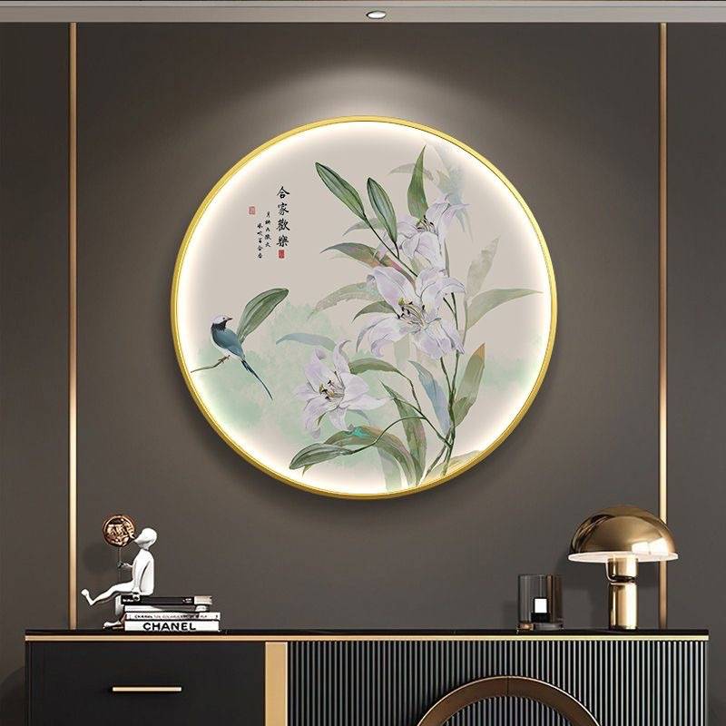 新中式牡丹花圆形装饰画带灯开富贵过道玄关装饰画餐厅书房壁墙画图片