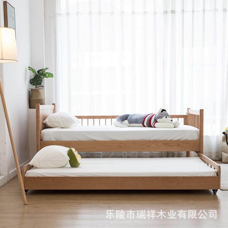 全实木高低床伸缩拉桃抽木童床带儿拖床双层子BFV母床带樱护栏上