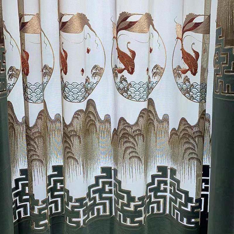 新中式窗帘客厅高端花36663典国风纱帘高档窗现代遮绣古光绒布卧