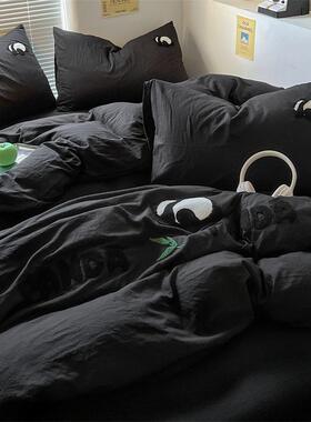 耐脏可爱四熊QRO猫毛上巾三绣水洗棉被套件套黑色床单床笠宿舍床