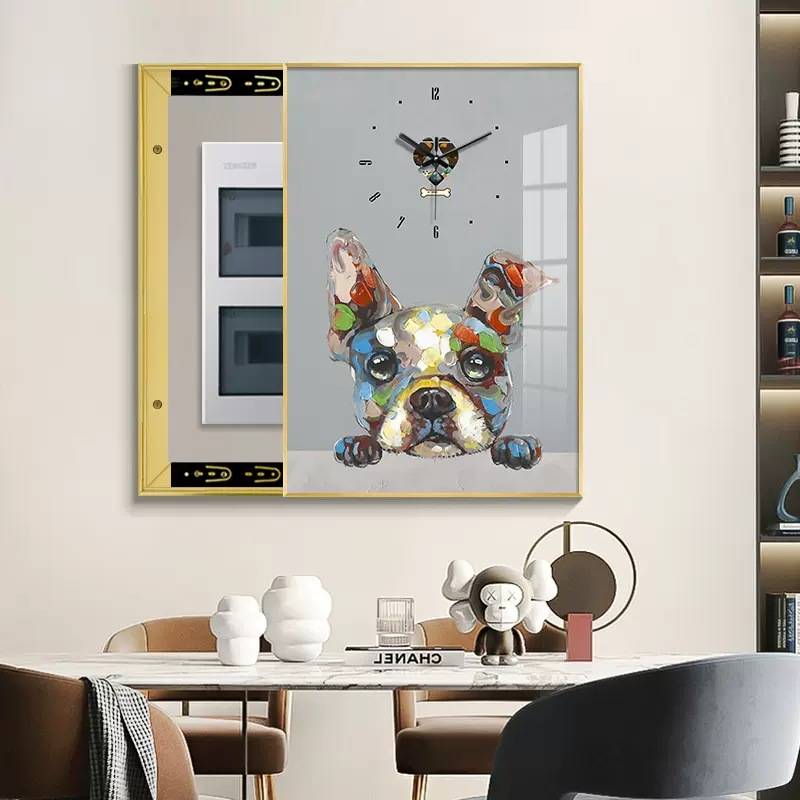 电表箱装饰画竖款时钟画卡通动物狗狗餐厅配电箱遮挡箱带钟表挂画图片