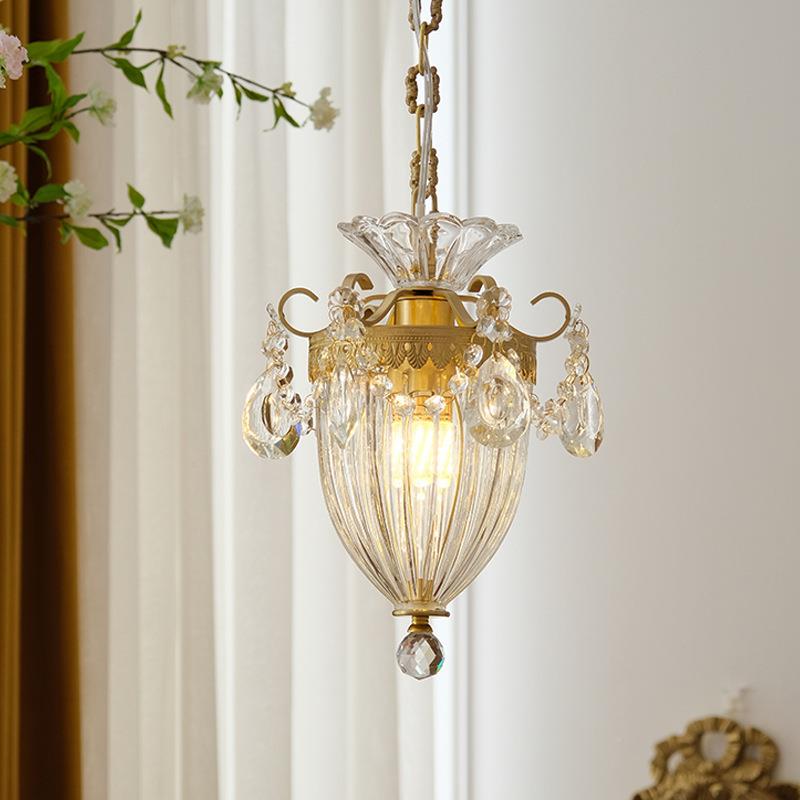 法式吊复古全铜雕水94晶小吊灯美式餐入户飘窗过厅道卧室床花头灯