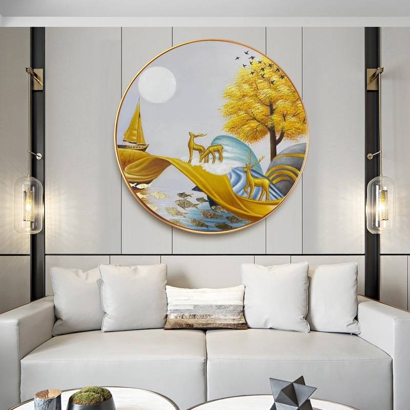 纯手绘油画圆形麋鹿风景装饰画客厅玄关壁画手工绘制成品圆框挂画图片