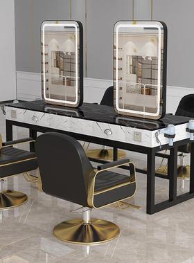 理发镜台美发店镜子发单廊带灯剪发烫镜大理石面双OHN面桌柜染子