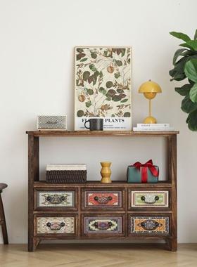 中古玄关柜风彩绘柜子复古实木斗抽柜屉式收纳柜餐柜多边层茶56494水柜