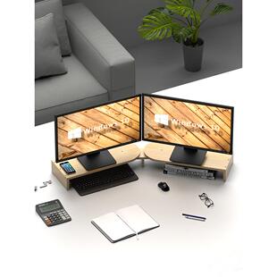 实木双屏液晶显示器支架 桌面电脑增高架底座办公室收纳台式支架