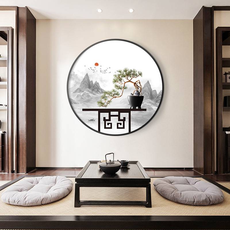 新中式玄关装饰画禅意圆形壁画入户挂画书房办公室迎门墙面迎客松图片