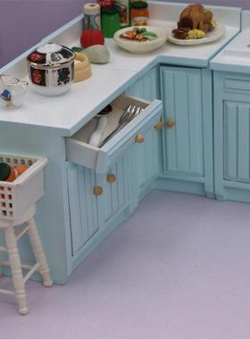1：12娃娃屋厨房摆件模型OLLHOA865-4-BUSE仿真橱转角柜蓝可色灶