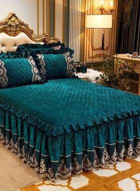 套秋冬厚夹棉床裙式床罩蕾花边保暖天鹅绒加丝防GXW滑保护床套盖