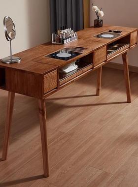 日式复古风实美木多抽收纳带吸尘器甲HFL台单双人俄式美甲桌屉椅