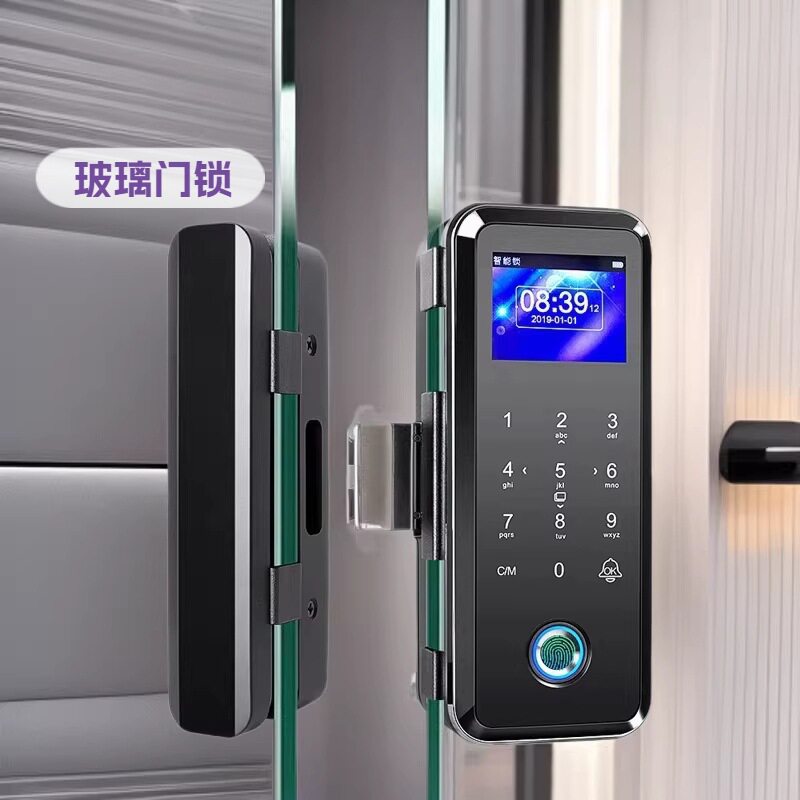 彩屏玻璃门指纹密码锁免开孔