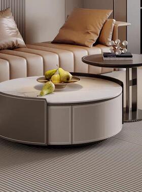 式轻奢马鞍皮岩板形茶几电视柜小户型XJV厅客大小圆意实木茶圆几