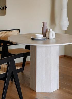 7K新风品岩色白桌/洞石岩板圆餐桌/中古桌子图片意格F77689T7式极