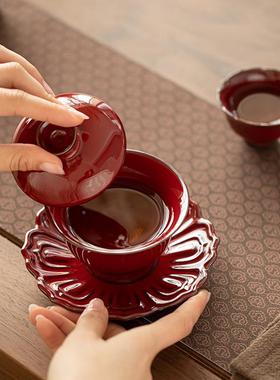 新款整套窑变郎红故宫红才盖碗壶陶瓷具三莲花承泡茶A11980碗茶喜