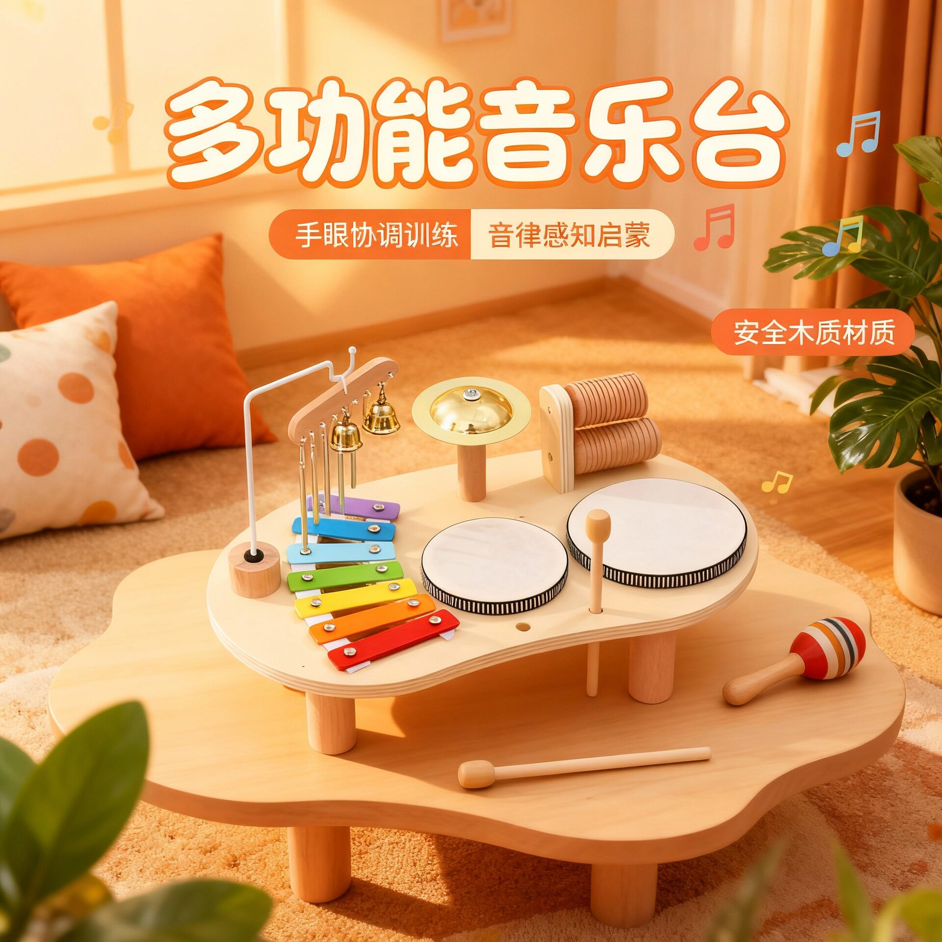 宝宝木质五合一敲琴台架子鼓