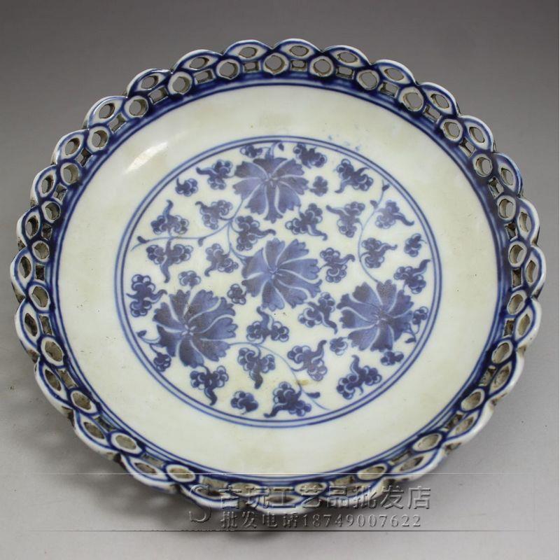 玩杂工项收藏古复古瓷器DAG手工艺青花镂空盘子家品居摆件送架子