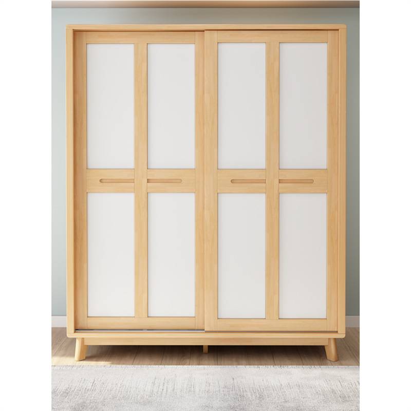 实木藤编推拉移门衣柜小户型家用卧室挂衣服收纳柜子两门储物衣橱