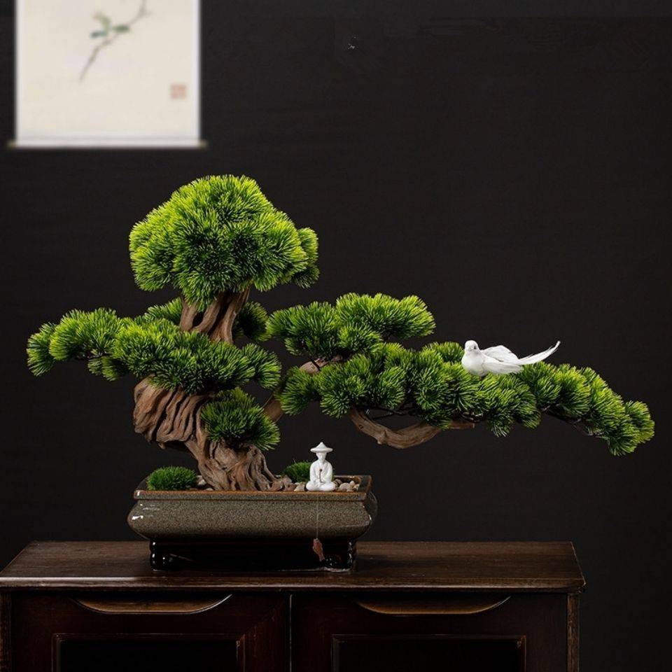 迎客松树盆景新中式客厅摆件罗汉松假树绿植酒店别墅装饰彭泉