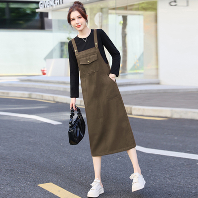 工装牛仔背带裙套装女早