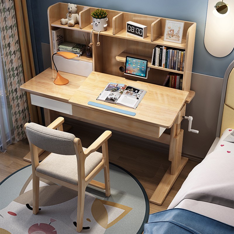 儿童手摇升降学习桌小学生写字台家用课桌实木书桌书架一体写字桌