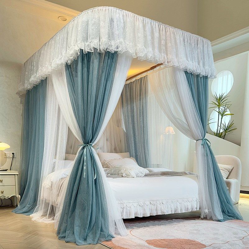 24新款U型轨道式蚊帐加粗导轨支架双层三开门床帘落地公主风家用