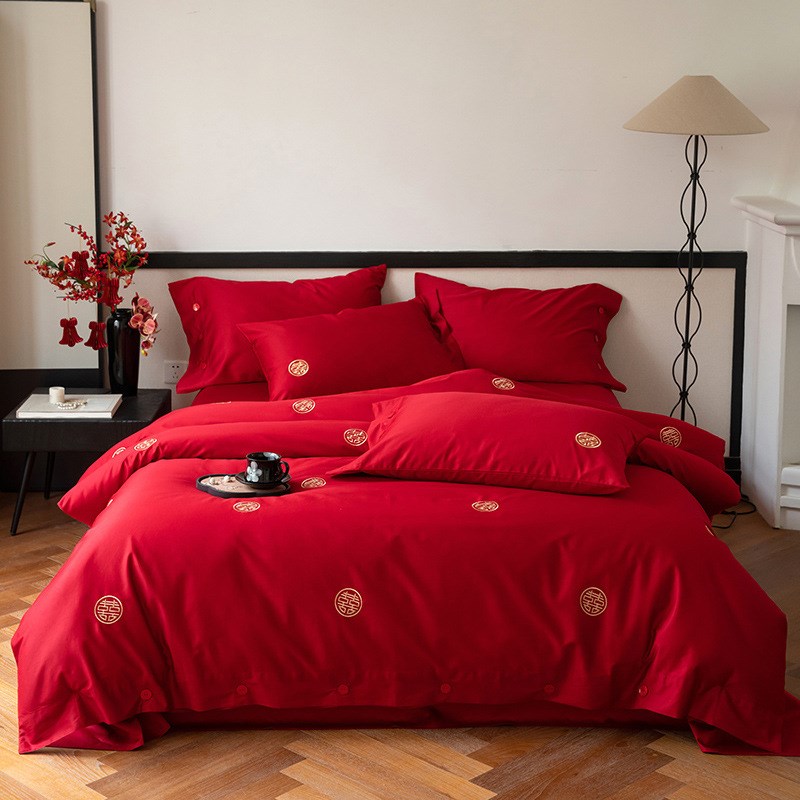 新中式婚庆100S长绒棉结婚四件套红色喜庆床单被套新婚家用简约款