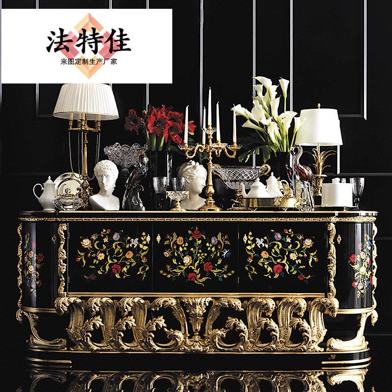 欧式奢华实木雕花餐厅茶水碗柜餐边柜法式手绘黑色新古典电视柜子