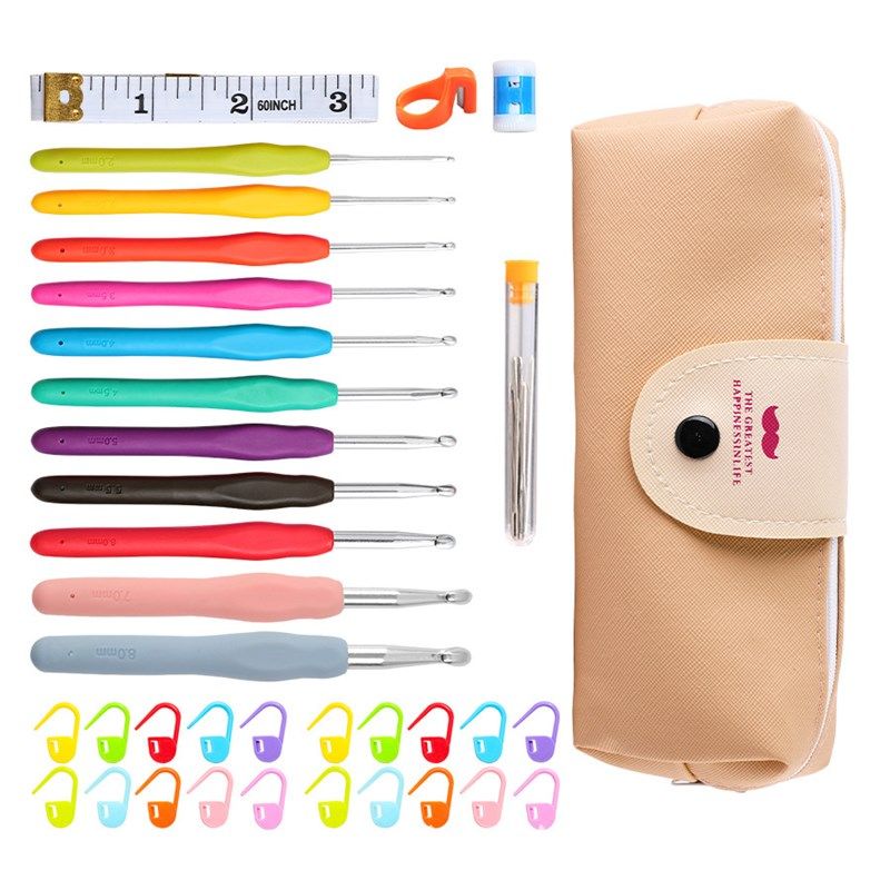 跨境30件钩针套装11支TPR彩色软柄钩针铝实心勾针编织工具组合包