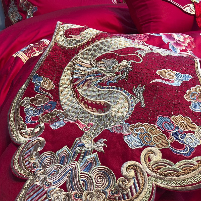 九喜狐婚庆家纺花卉刺绣结婚床上用品备婚四件套婚房装饰红色喜被