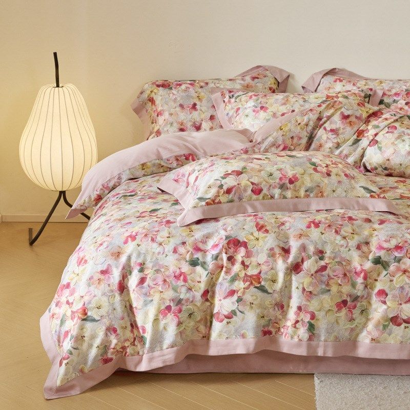 田园风花卉床单被套四件套天丝棉新婚床上用品粉色印花高级感裸睡,床上用品,床品套件/四件套/多件套,淘宝优惠券,粉丝福利购,淘宝优惠卷