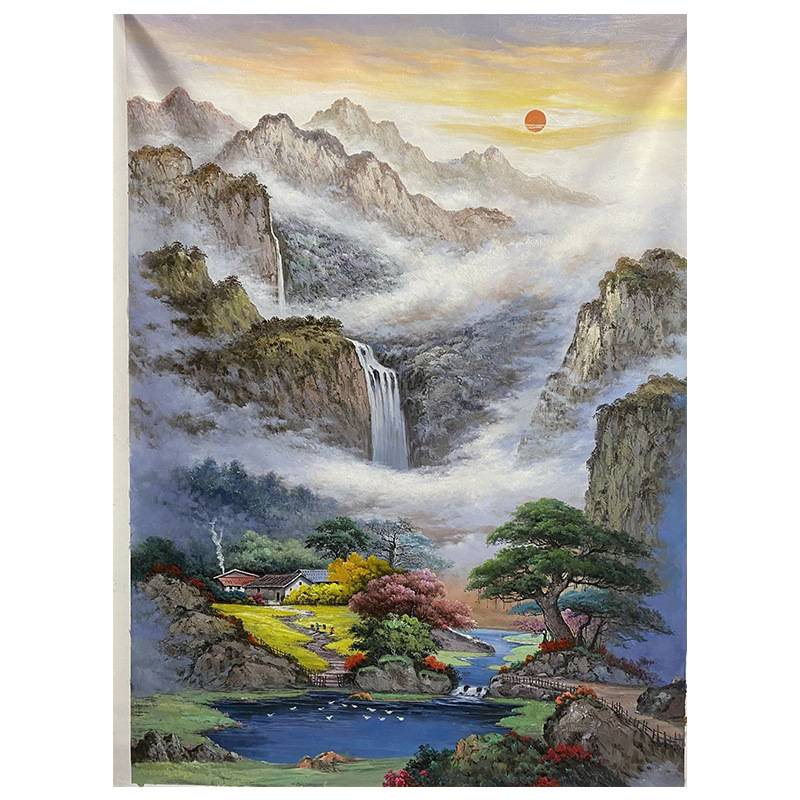 纯手绘油画风水山水画风景日出新中式聚宝盆别墅装饰壁画走廊挂画图片