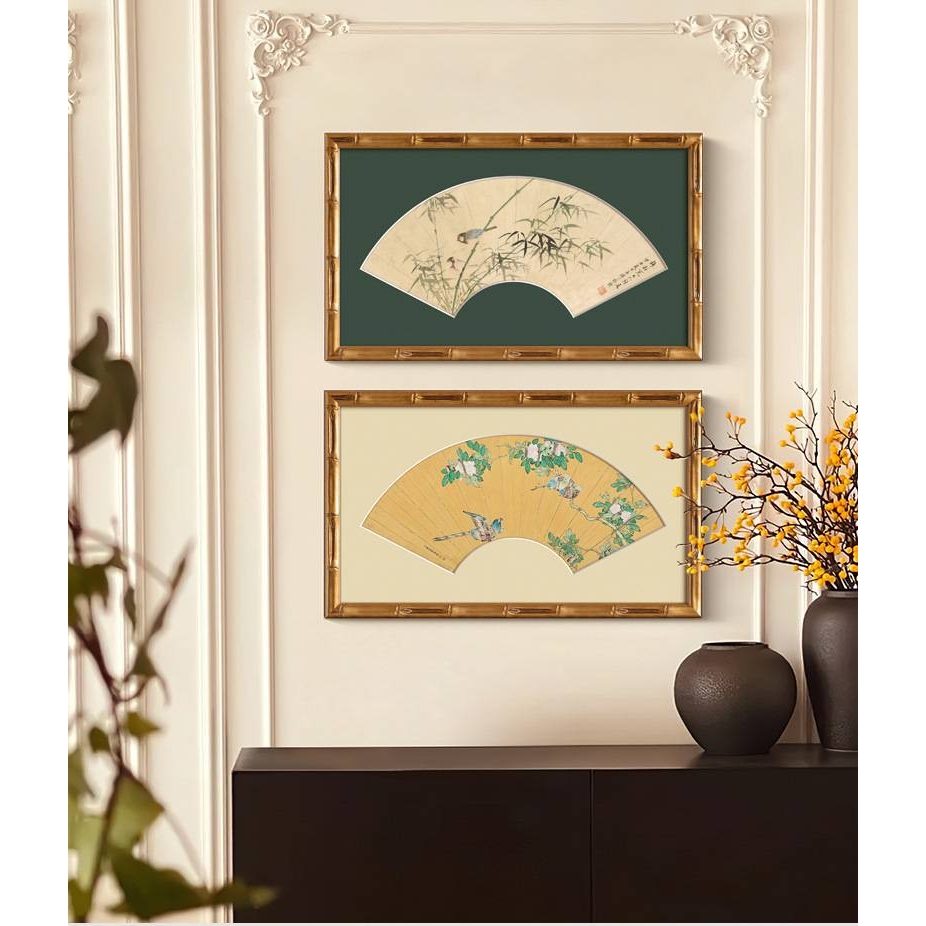 法式实木卡纸中国风客厅装饰画扇形中式复古餐厅挂画中古山水风景图片