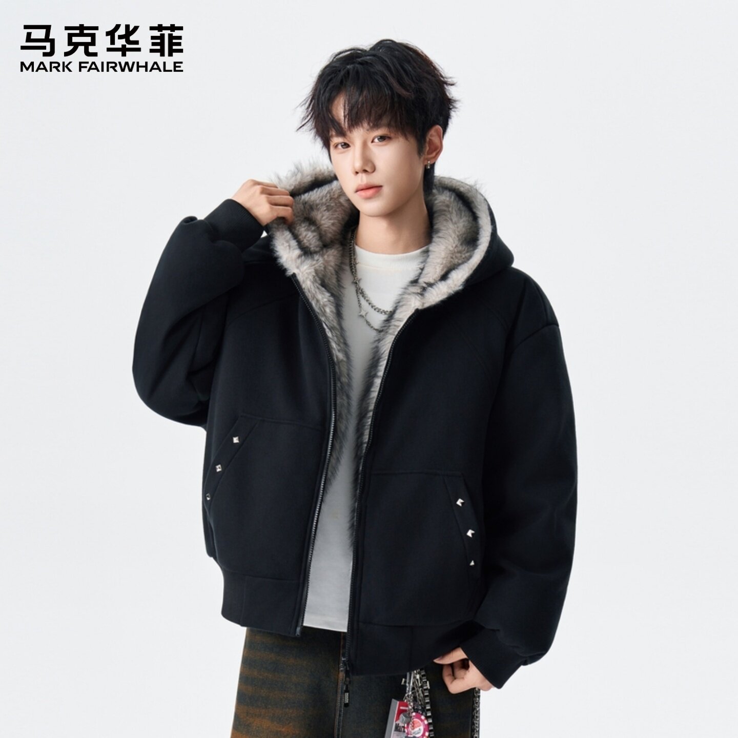 马克华菲毛领连帽羽绒服男座山雕羽绒服