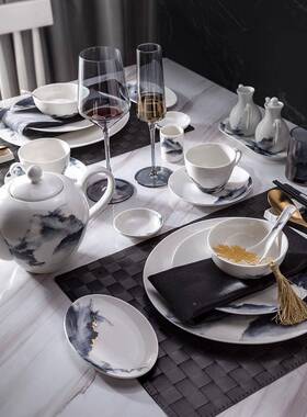 水现货墨画高档餐牛排盘高颜值SJT05950陶瓷商时用小炒四方厅盘尚