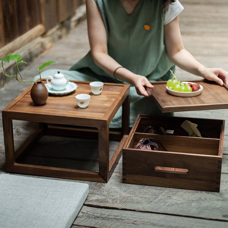 禅意小茶台茶桌飘窗桌日式榻榻米可收纳黑胡桃实木阳台茶几小桌子