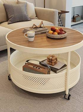 奶油风奢岩板客厅茶GSZ户几小型家推用圆形网红带轮可移动小车轻