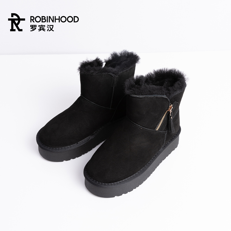 罗宾汉中筒羊毛雪地靴圆头厚底