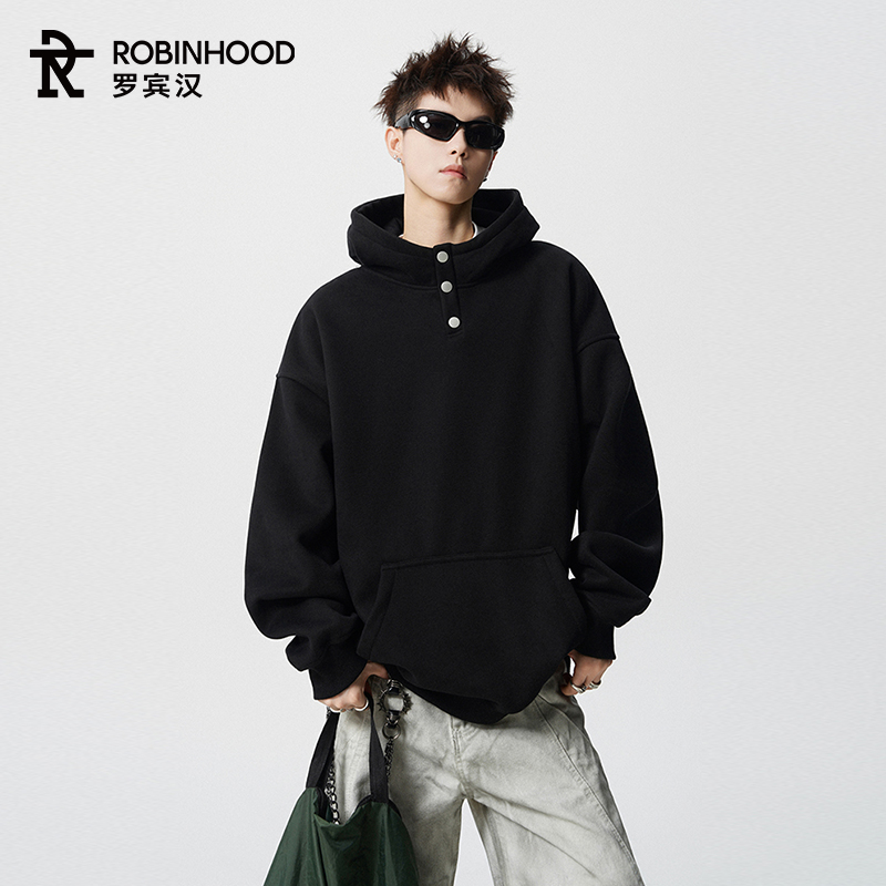 罗宾汉美式休闲卫衣纽扣领口宽松