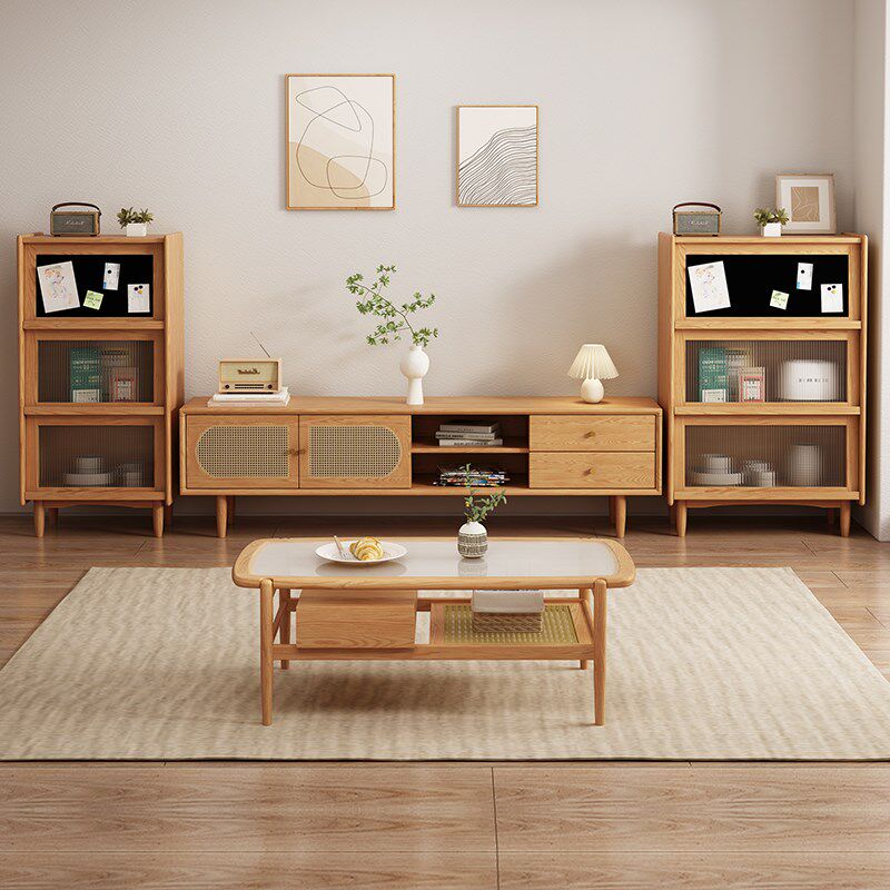 藤编实木电视柜白蜡木日式北欧小户型茶几奶油风电视机柜边柜地柜