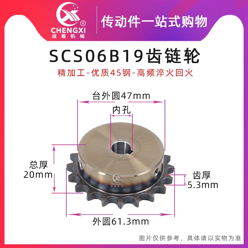 SCS高品质成型孔链轮3分19齿 06B19T外径61.3 精车内孔键槽顶丝