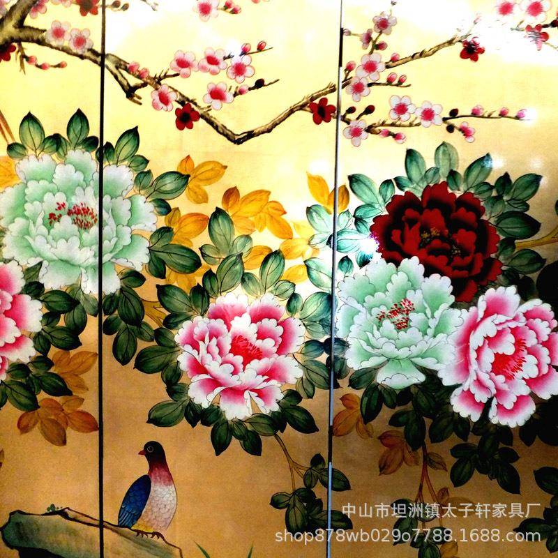 中式金箔屏风手绘漆画家居酒店隔屏客厅隔断彩绘家具复古折屏背景