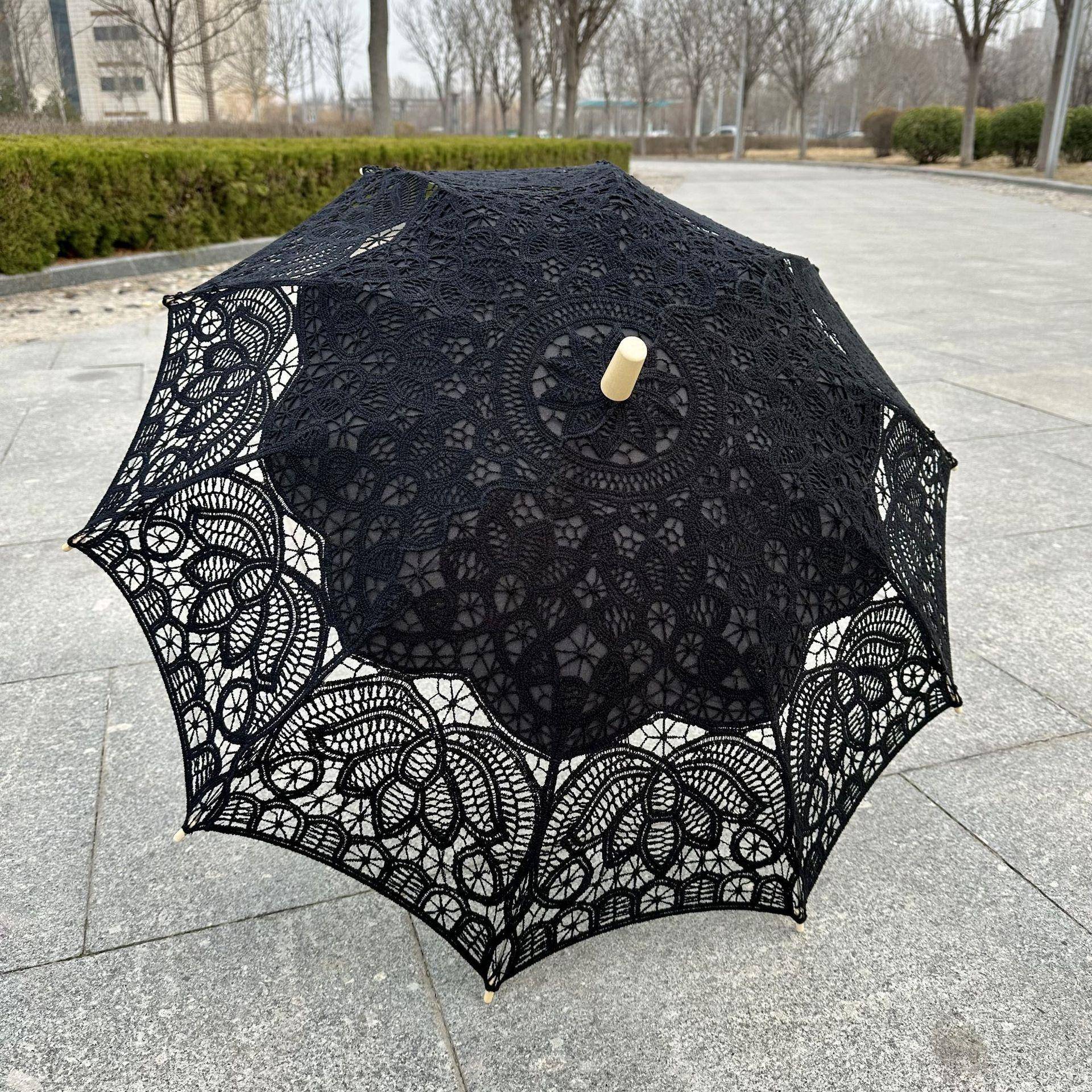 机绣蕾丝伞摄影道绣具婚庆工艺花边蕾丝伞棉布花IRK吊装伞木柄伞