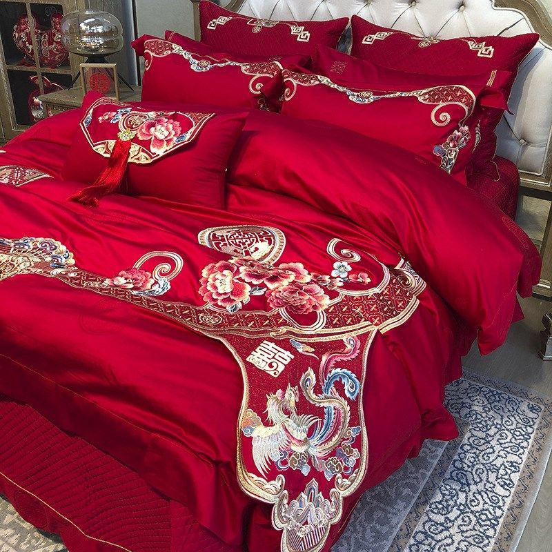 九喜狐婚庆家纺花卉刺绣结婚床上用品备婚四件套婚房装饰红色喜被