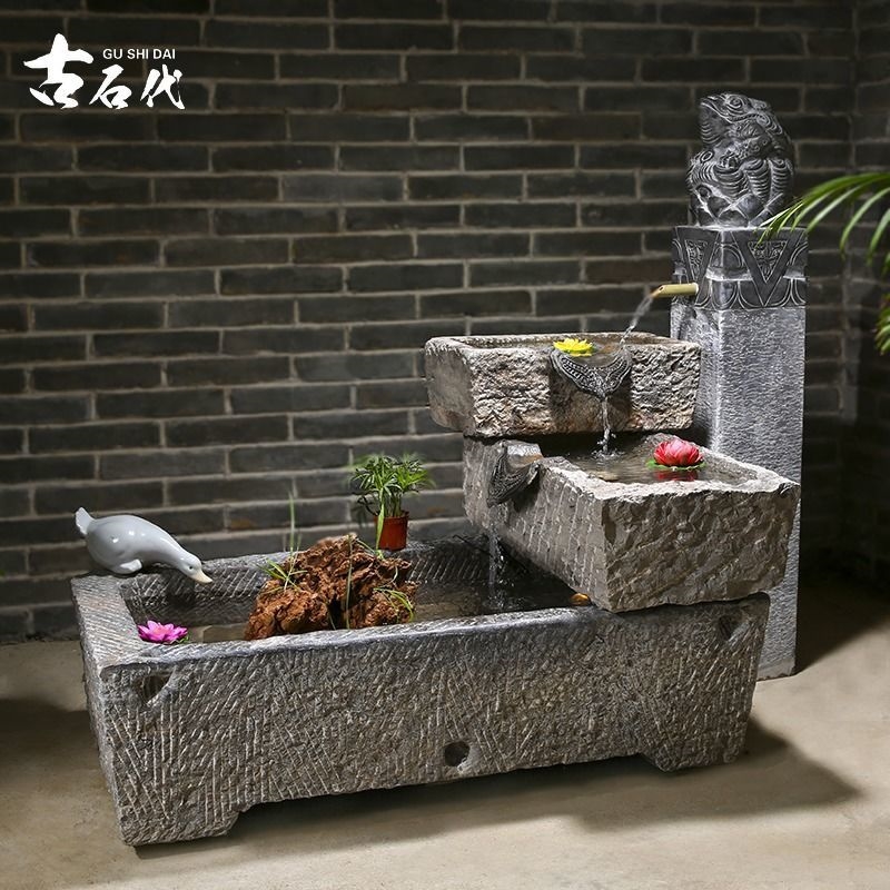 老旧石槽鱼缸鱼池石头石缸养鱼户外庭院J石磨青石马槽景观流水摆