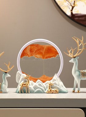 新中式招财鹿流沙画n桌面家居摆件客厅酒柜装饰品结婚乔迁新居礼