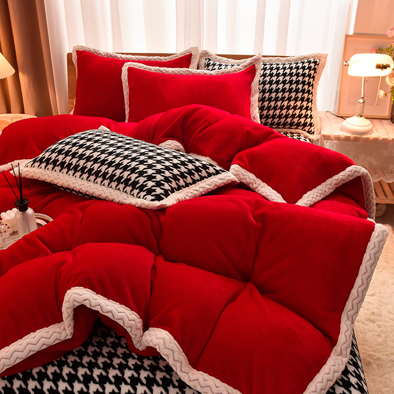结婚珊瑚绒四件套红m色冬季加厚牛奶绒被套床单加绒婚房床上用品