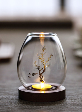 国风透明玻璃烛台中式摆件浪漫烛光晚餐禅意复古家W用防风蜡烛罩