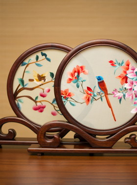 苏州刺绣a摆件成品红木如意摆台双面绣桌面屏风绣精美中式商务礼